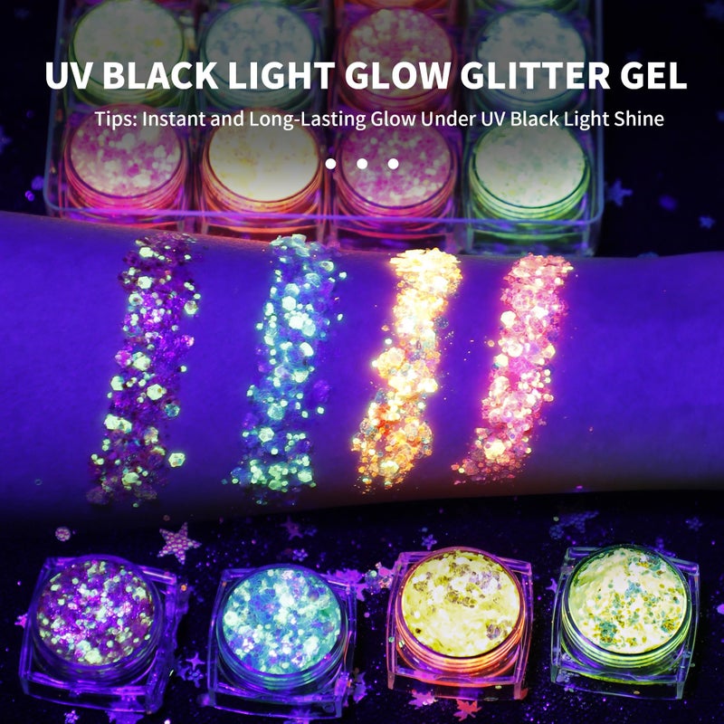 LATIBELL Glow in The Dark Body Face Glitter Gel for Women, 12 Colors Glitter Gel Makeup Chunky Fine Glitter, UV Black Light Accessories for Body/Face/Hair/Eyeshadow, Carnival Party(Not Loose Glitter) - Image 4