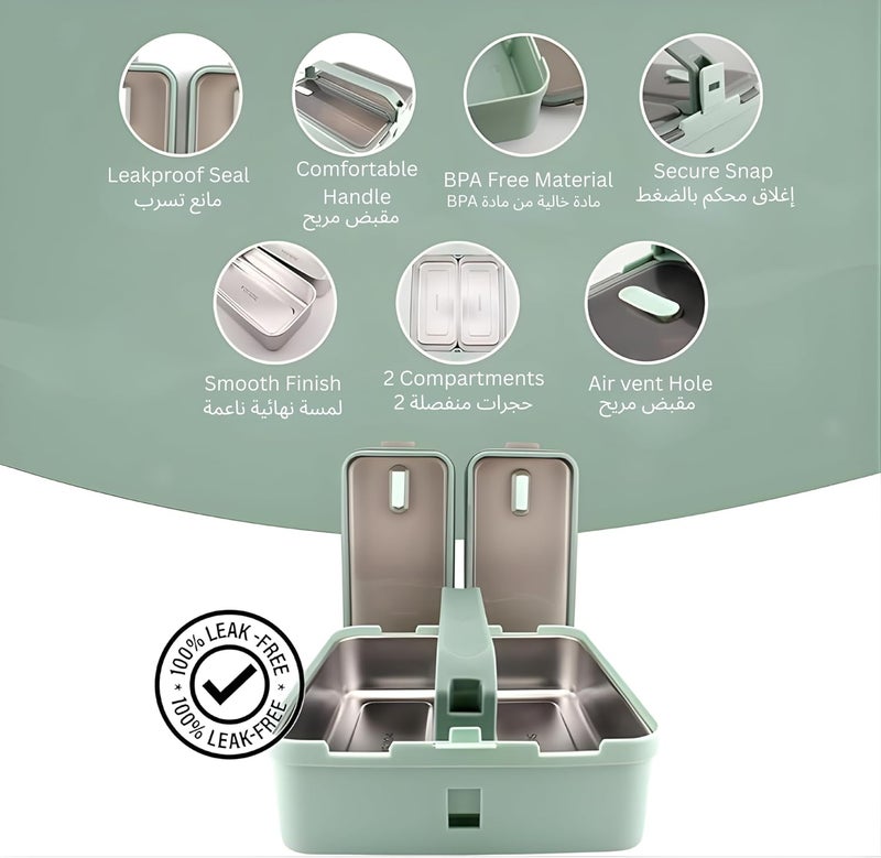 BrainGiggles Stainless Steel Lunch Box with 2 Compartments and Handle - BPA Free, Leak Proof Bento for Adults, Kids - Tiffin for Office, School (Green) - Image 1