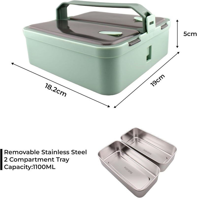 BrainGiggles Stainless Steel Lunch Box with 2 Compartments and Handle - BPA Free, Leak Proof Bento for Adults, Kids - Tiffin for Office, School (Green) - Image 4