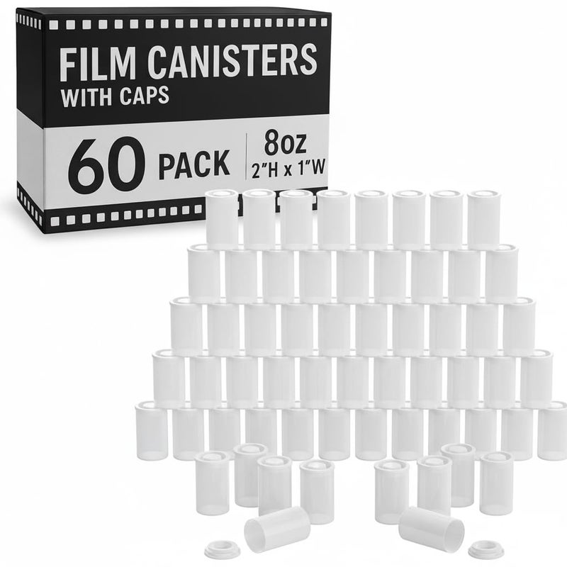 Houseables Film Canisters with Caps, Film Canisters, 35mm Case, Containers with Lids, Cannister for Rockets, Empty Camera Reel Holder, Coin Storage, White, Plastic, Bottle, 8oz, 2"Hx1"W, 60 Pack, Bulk - Image 1