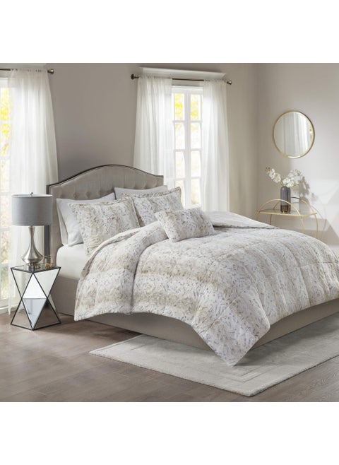 Madison Park Zuri Soft Plush Comforter Set Faux Fur Animal Stripes Design Faux Mink On The Reverse Modern All Season Bedding Set with Matching Sham King Snow Leopard 4 Piece