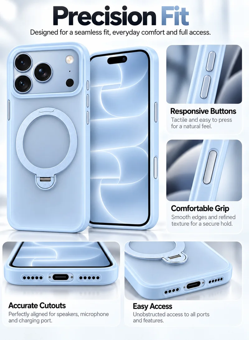 واي جراب حماية مغناطيسي بحلقة مسند متوافق مع MagSafe لهاتف iPhone 18 Pro، بلون أزرق جليدي غير لامع