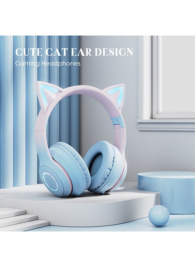 Glowing Cat Ear Headphones Foldable Over Ear Gaming Headset with Colorful Lights Wireless BT5.3 Earphone with Detachable Microphone 3.5mm Wired Music Headphone Foldable Adjustable Headband