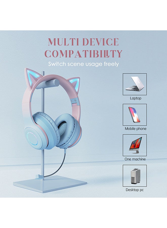 Glowing Cat Ear Headphones Foldable Over Ear Gaming Headset with Colorful Lights Wireless BT5.3 Earphone with Detachable Microphone 3.5mm Wired Music Headphone Foldable Adjustable Headband