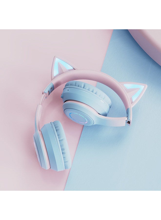 Glowing Cat Ear Headphones Foldable Over Ear Gaming Headset with Colorful Lights Wireless BT5.3 Earphone with Detachable Microphone 3.5mm Wired Music Headphone Foldable Adjustable Headband