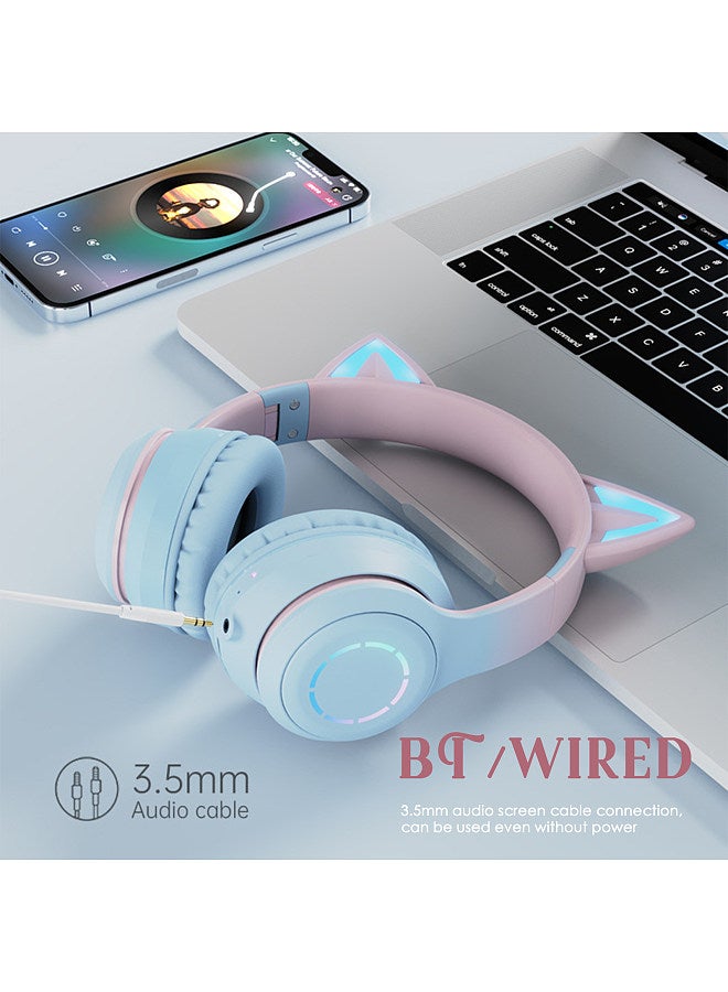 Glowing Cat Ear Headphones Foldable Over Ear Gaming Headset with Colorful Lights Wireless BT5.3 Earphone with Detachable Microphone 3.5mm Wired Music Headphone Foldable Adjustable Headband