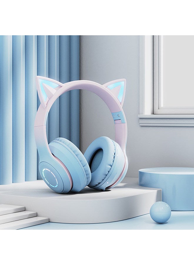 Glowing Cat Ear Headphones Foldable Over Ear Gaming Headset with Colorful Lights Wireless BT5.3 Earphone with Detachable Microphone 3.5mm Wired Music Headphone Foldable Adjustable Headband