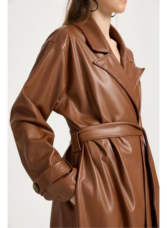 mina aise Women's Brown Oversize Unlined Full-length Leather Trench Coat 30022.