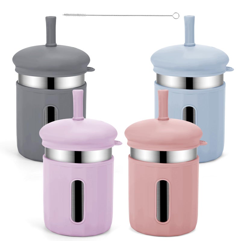 Beyoung Kids Cups with Straws and Lids 125oz Stainless Steel Kids Straw Cups with Silicone Sleeves Spill Proof Durable Drinking Cups for Kid and Adults4PACK GrayBluePurpleCoral - Image 2