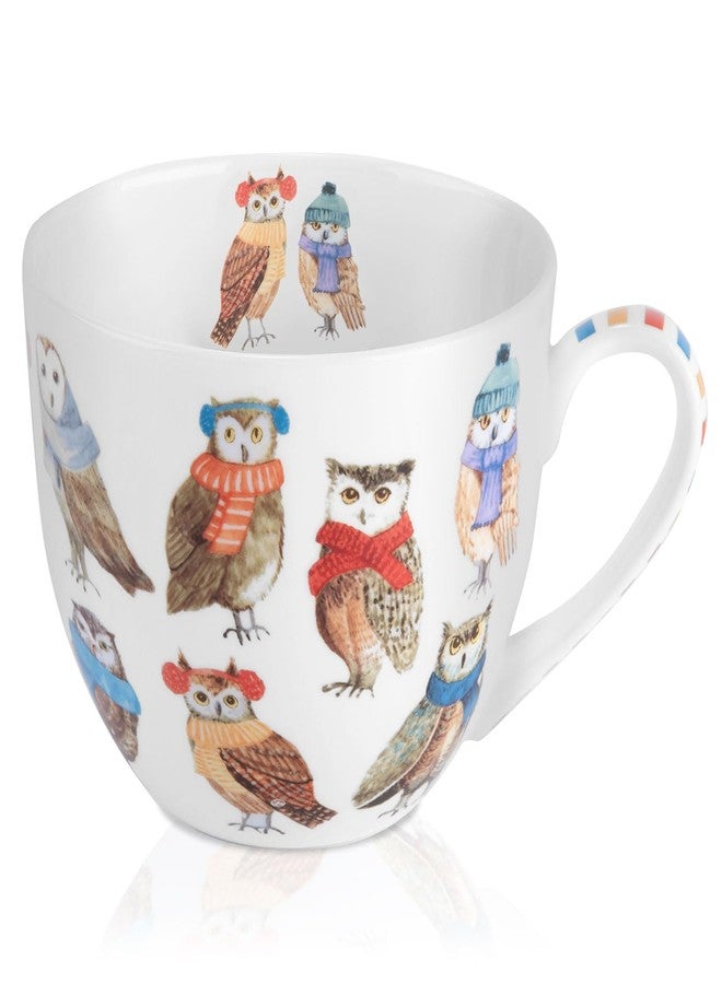 MFoffice Cute Autumn Owls Coffee Mug, 20 oz Bone China Mugs with Charming Owls in Color Scarves and Hats, Perfect Brithday and Christmas Gift for Bird Enthusiasts, Designed in England by Harvest Green Studio - Image 1