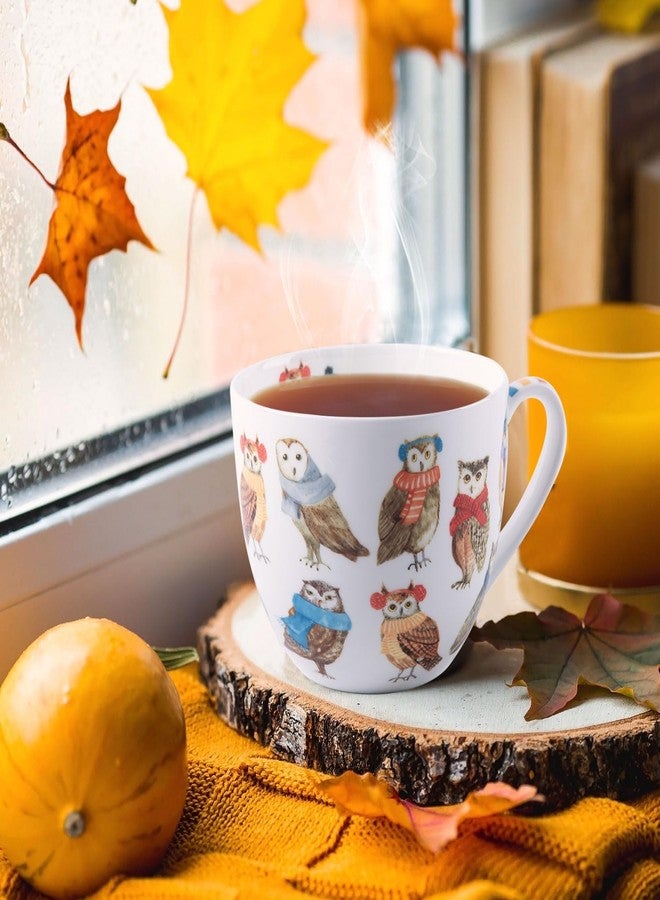 MFoffice Cute Autumn Owls Coffee Mug, 20 oz Bone China Mugs with Charming Owls in Color Scarves and Hats, Perfect Brithday and Christmas Gift for Bird Enthusiasts, Designed in England by Harvest Green Studio - Image 5