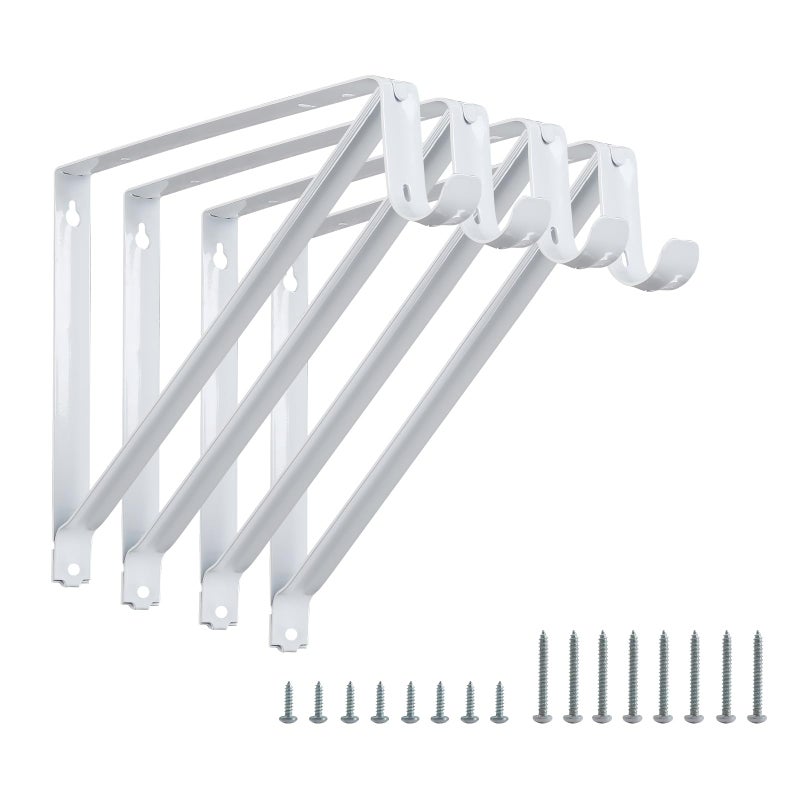 Heavy Duty Closet Rod Brackets 4 Pack Wall Mounted Closet Shelf Bracket 11 x 95 in Shelves Support Brace with Hook White with Screws HOME MASTER HARDWARE