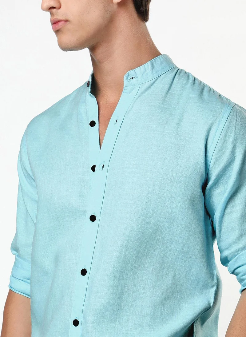 Urbano Fashion  Urbano Fashion Men's Sky Blue Linen Blend Full Sleeve Relaxed Fit Mandarin Collar Casual Solid Shirt for Men | Best Price UAE