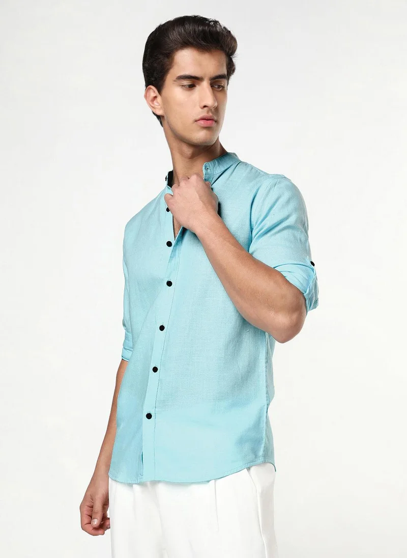 Urbano Fashion Men's Sky Blue Linen Blend Full Sleeve Relaxed Fit Mandarin Collar Casual Solid Shirt