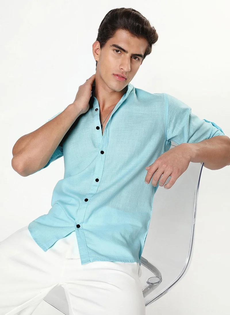 Urbano Fashion  Urbano Fashion Men's Sky Blue Linen Blend Full Sleeve Relaxed Fit Mandarin Collar Casual Solid Shirt for Men | Best Price UAE