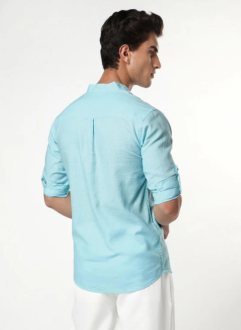 Urbano Fashion  Urbano Fashion Men's Sky Blue Linen Blend Full Sleeve Relaxed Fit Mandarin Collar Casual Solid Shirt for Men | Best Price UAE