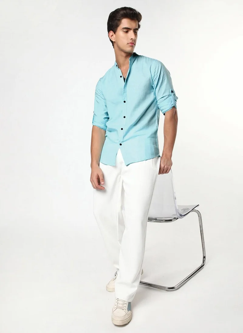 Urbano Fashion  Urbano Fashion Men's Sky Blue Linen Blend Full Sleeve Relaxed Fit Mandarin Collar Casual Solid Shirt for Men | Best Price UAE