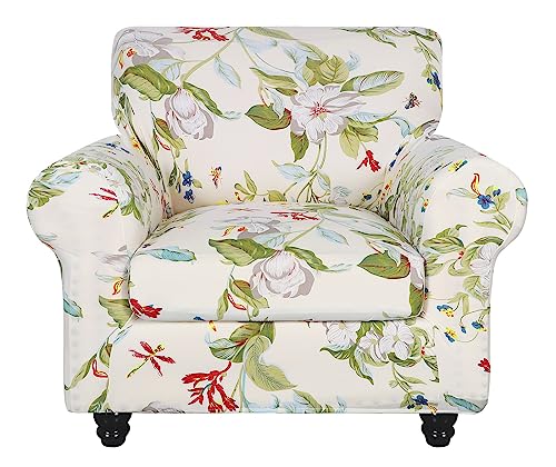 SearchI Stretch Sofa Cover Printed Couch Covers Floral Pattern 2 Piece Armchair Slipcover with Separate Chair Cushion Cover Washable Furniture Protector for Living RoomChair Spring Pattern - Image 1