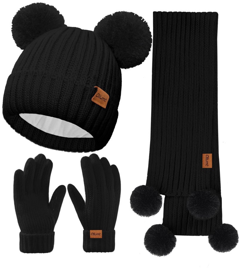 Oliumt Kids Winter Beanie Hat, Gloves and Scarf Set, Fleece Lined Knit Pom Neck Warmer Gaiter with Mittens for Children (Black, 2-8 Years) - Image 1