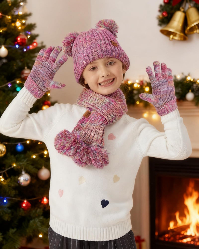 Oliumt Kids Winter Beanie Hat, Gloves and Scarf Set, Fleece Lined Knit Pom Neck Warmer Gaiter with Mittens for Children (Black, 2-8 Years) - Image 2