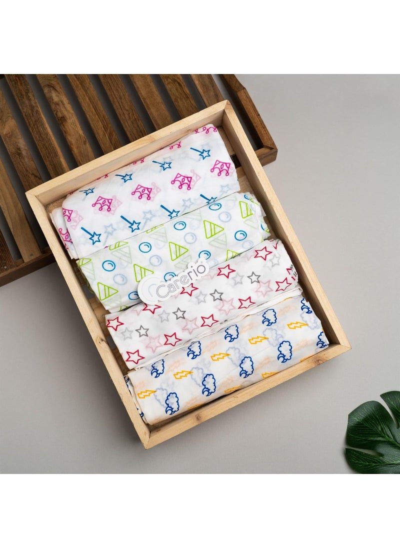 CARERIO CARERIO 100 Mulmul Baby Swaddle Set Pack of 4 Printed Breathable Anti Allergic Swaddle Wrap for New Born Baby Size114cm x 92cm 446 018 Month 07  - Image 3