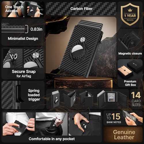 typecase Mens Smart Wallet Card Holder for AirTag: Leather, Compatible with Apple Air Tag, RFID Blocking, Slim, Carbon Fiber, Minimalist - 9-14 Card Capacity | ID Window | Cash Slot (Black) - Image 2