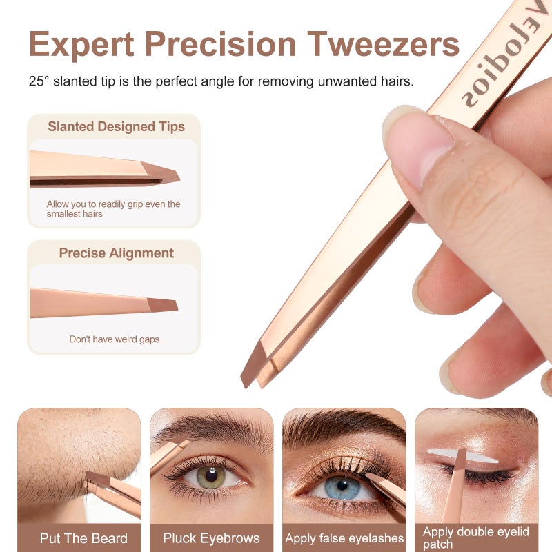 Velodios 2-Pack Precision Tweezers for Eyebrows, Facial Hair, Ingrown Hair Removal, Professional Stainless Steel Eyebrow Tweezers for Women and Men, Tweezer Set with PU Travel Case - Image 4