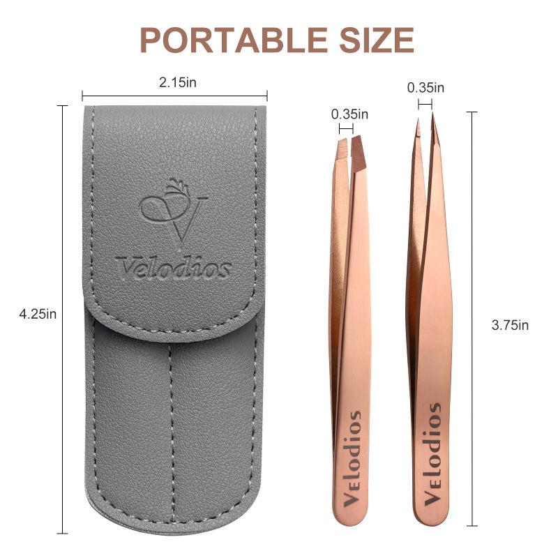 Velodios 2-Pack Precision Tweezers for Eyebrows, Facial Hair, Ingrown Hair Removal, Professional Stainless Steel Eyebrow Tweezers for Women and Men, Tweezer Set with PU Travel Case - Image 2