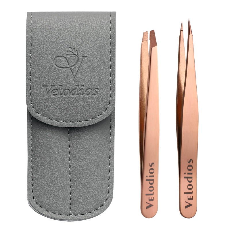 Velodios 2-Pack Precision Tweezers for Eyebrows, Facial Hair, Ingrown Hair Removal, Professional Stainless Steel Eyebrow Tweezers for Women and Men, Tweezer Set with PU Travel Case - Image 1