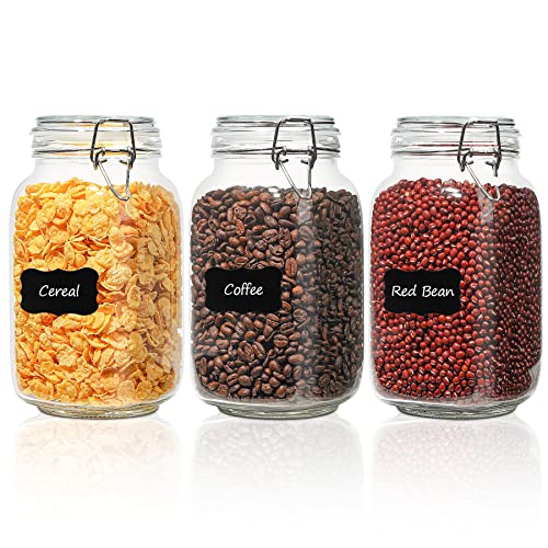 ComSaf Airtight Glass Canister Set of 3 with Lids 50oz Clear Food Storage Jars Square, Kitchen & Pantry Organization Food Storage Container for Canning, Sugar, Flour, Pasta, Candy, Cereal, Coffee - Image 1