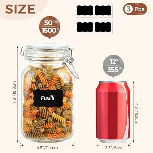 ComSaf Airtight Glass Canister Set of 3 with Lids 50oz Clear Food Storage Jars Square, Kitchen & Pantry Organization Food Storage Container for Canning, Sugar, Flour, Pasta, Candy, Cereal, Coffee - Image 2