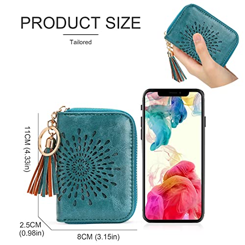 APHISON RFID Credit Card Holder Zipper Card Case Keychain Small Wallet for Women 1927 PEACOCK-BLUE - Image 5