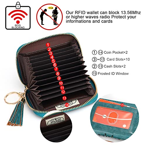 APHISON RFID Credit Card Holder Zipper Card Case Keychain Small Wallet for Women 1927 PEACOCK-BLUE - Image 3