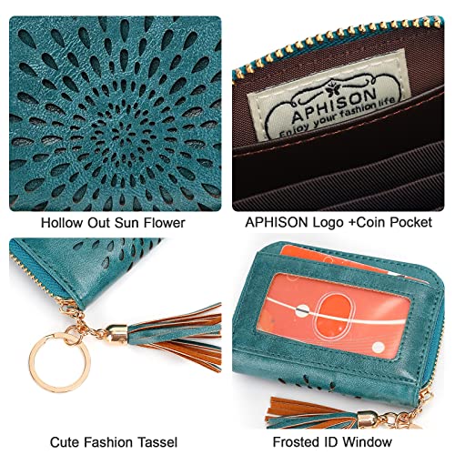 APHISON RFID Credit Card Holder Zipper Card Case Keychain Small Wallet for Women 1927 PEACOCK-BLUE - Image 4