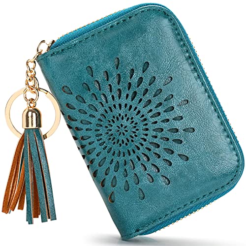 APHISON RFID Credit Card Holder Zipper Card Case Keychain Small Wallet for Women 1927 PEACOCK-BLUE - Image 1