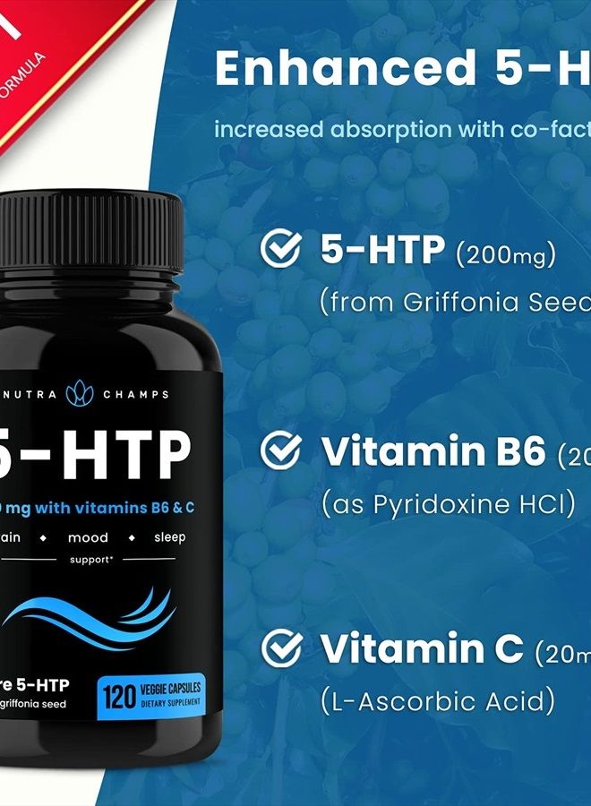 NutraChamps 5-HTP 200mg ,120 Vegan Capsules,Vitamin B6 & Vitamin C - Image 4