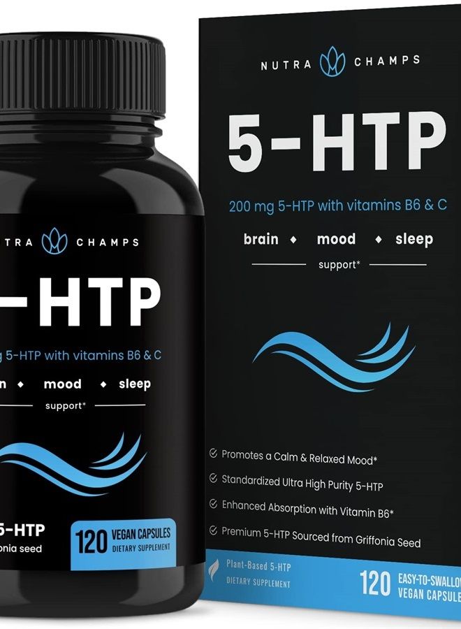 NutraChamps 5-HTP 200mg ,120 Vegan Capsules,Vitamin B6 & Vitamin C - Image 1