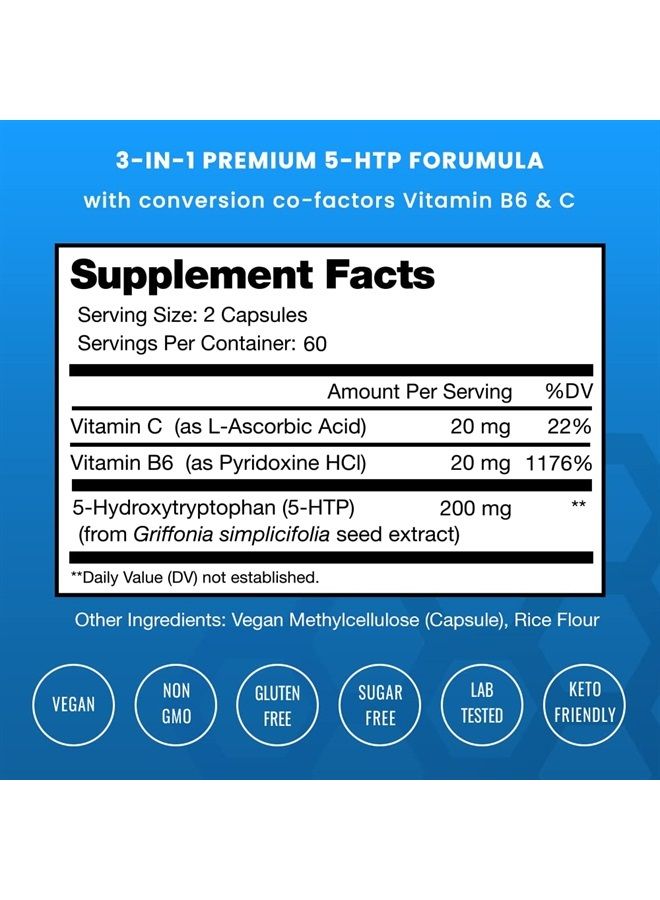 NutraChamps 5-HTP 200mg ,120 Vegan Capsules,Vitamin B6 & Vitamin C - Image 2