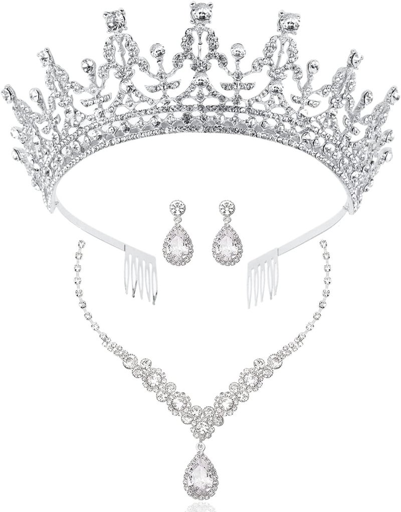 Cocide Silver Jewelry Set for Women Crystal Tiara and Necklace Kit for Girls Rhinestone Crown Earrings Neck Accessories for Bride Wedding Birthday Party Bridal Prom Bridesmaid Dress up - Image 1