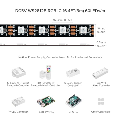 BTF-LIGHTING WS2812B RGB ECO LED Strip, Chasing Effects 5050SMD Individually Addressable 16.4FT 60Pixels/m 300Pixels Flexible Dream Color IP30 for Bedroom DIY Projects DC5V(No Adapter or Controller) - Image 2