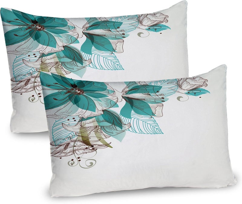 Ambesonne Turquoise Pillow Sham Set of 2, Flowers Buds Leaf at The top Left Corner Season Celebrating Theme, Quality Microfiber Bedding Item for All Seasons, 30" X 20", Teal Brown - Image 1