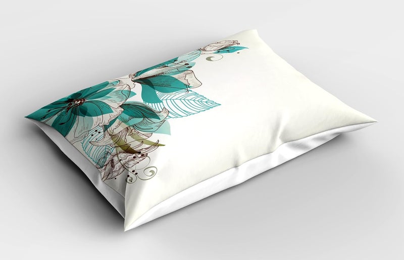 Ambesonne Turquoise Pillow Sham Set of 2, Flowers Buds Leaf at The top Left Corner Season Celebrating Theme, Quality Microfiber Bedding Item for All Seasons, 30" X 20", Teal Brown - Image 2