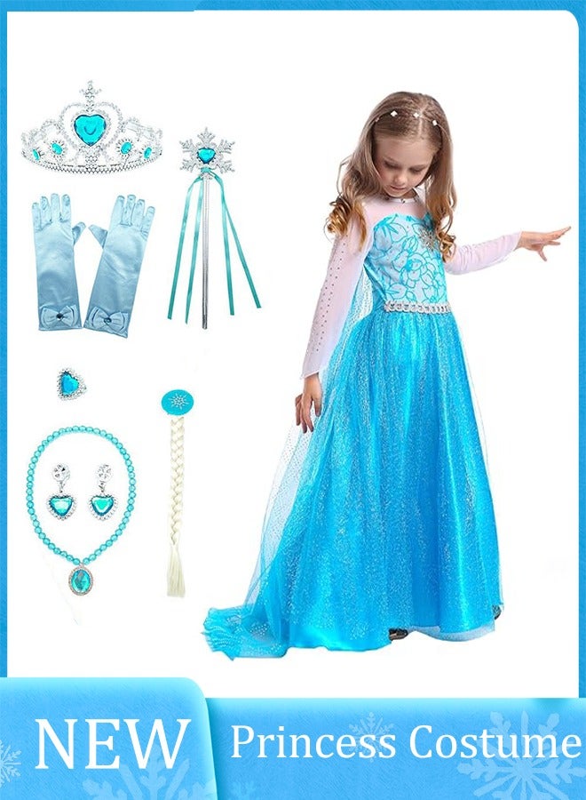 مجموعة فستان الأميرة، زي الأميرة للبنات، زي الأميرة الخيالية فروزن، مجموعة فستان الأميرة الأنيق مع مشابك أذن شعر مستعار على شكل عصا سحرية، زي تنكري للأميرة الزرقاء فروزن مع إكسسوارات، فستان فاخر للحفلات ذو طابع يسمح بمرور الهواء، ملابس حفلات التخرج وأنشطة تنكرية للأعمار من 3 إلى 10 سنوات، المقاسات من 110 إلى 130 سم - Image 1