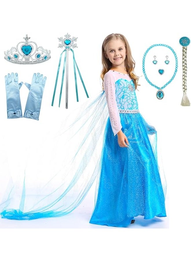 مجموعة فستان الأميرة، زي الأميرة للبنات، زي الأميرة الخيالية فروزن، مجموعة فستان الأميرة الأنيق مع مشابك أذن شعر مستعار على شكل عصا سحرية، زي تنكري للأميرة الزرقاء فروزن مع إكسسوارات، فستان فاخر للحفلات ذو طابع يسمح بمرور الهواء، ملابس حفلات التخرج وأنشطة تنكرية للأعمار من 3 إلى 10 سنوات، المقاسات من 110 إلى 130 سم - Image 4