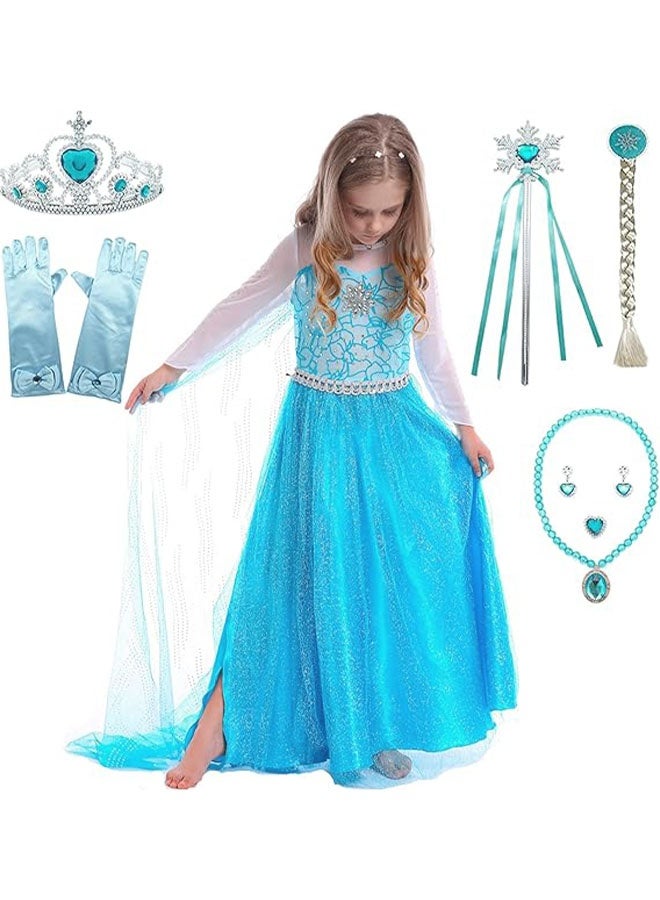 مجموعة فستان الأميرة، زي الأميرة للبنات، زي الأميرة الخيالية فروزن، مجموعة فستان الأميرة الأنيق مع مشابك أذن شعر مستعار على شكل عصا سحرية، زي تنكري للأميرة الزرقاء فروزن مع إكسسوارات، فستان فاخر للحفلات ذو طابع يسمح بمرور الهواء، ملابس حفلات التخرج وأنشطة تنكرية للأعمار من 3 إلى 10 سنوات، المقاسات من 110 إلى 130 سم - Image 5