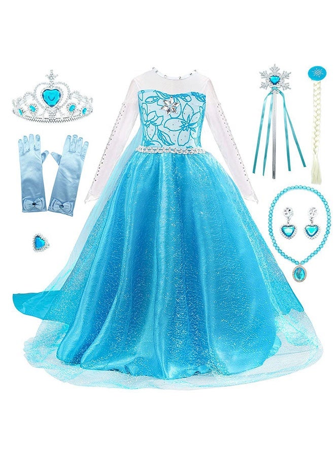 مجموعة فستان الأميرة، زي الأميرة للبنات، زي الأميرة الخيالية فروزن، مجموعة فستان الأميرة الأنيق مع مشابك أذن شعر مستعار على شكل عصا سحرية، زي تنكري للأميرة الزرقاء فروزن مع إكسسوارات، فستان فاخر للحفلات ذو طابع يسمح بمرور الهواء، ملابس حفلات التخرج وأنشطة تنكرية للأعمار من 3 إلى 10 سنوات، المقاسات من 110 إلى 130 سم - Image 3