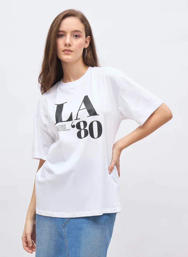ستايلي Styli Graphic Print Oversized Longline T-Shirt