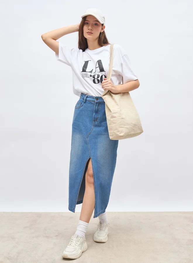 ستايلي Styli Graphic Print Oversized Longline T-Shirt