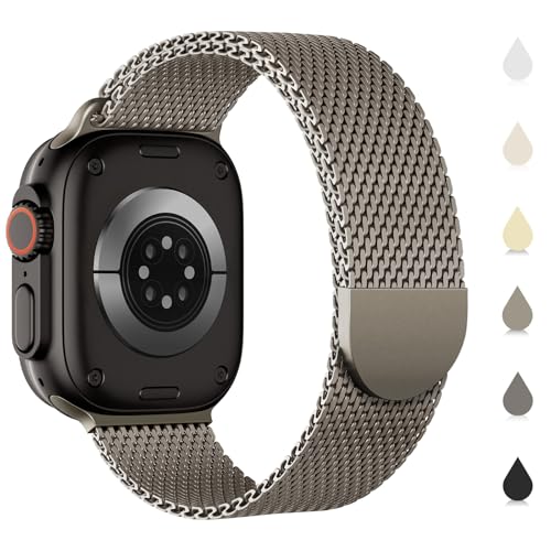 Sunnywoo Original Milanese Metal Band Compatible with Apple Watch Bands 44mm/45mm/46mm/49mm/42mm(Series 3 2 1) for Men Women, Stainless Steel Mesh strap for iWatch Ultra 2 Series 9 8 7 6 SE 5 4 3 2 1 Titanium - Image 1