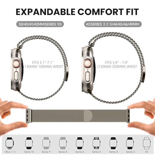 Sunnywoo Original Milanese Metal Band Compatible with Apple Watch Bands 44mm/45mm/46mm/49mm/42mm(Series 3 2 1) for Men Women, Stainless Steel Mesh strap for iWatch Ultra 2 Series 9 8 7 6 SE 5 4 3 2 1 Titanium - Image 4